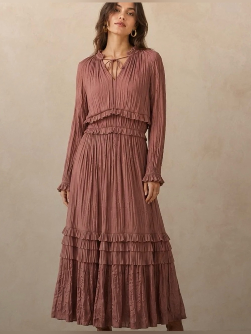 Current Air Mauve Long Sleeve Pleated Midi Dress